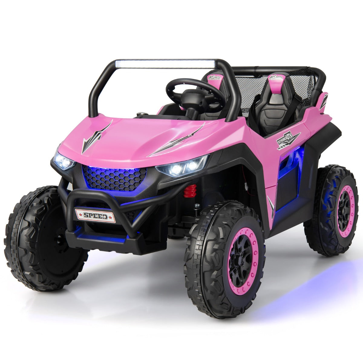 LIVSK Elektrische Kinderauto met Afstandsbediening - 2-Zits UTV met Koplampen - Veiligheidsgordels - Tot 59 kg - Roze
