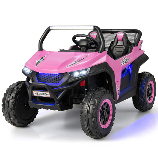LIVSK Elektrische Kinderauto met Afstandsbediening - 2-Zits UTV met Koplampen - Veiligheidsgordels - Tot 59 kg - Roze
