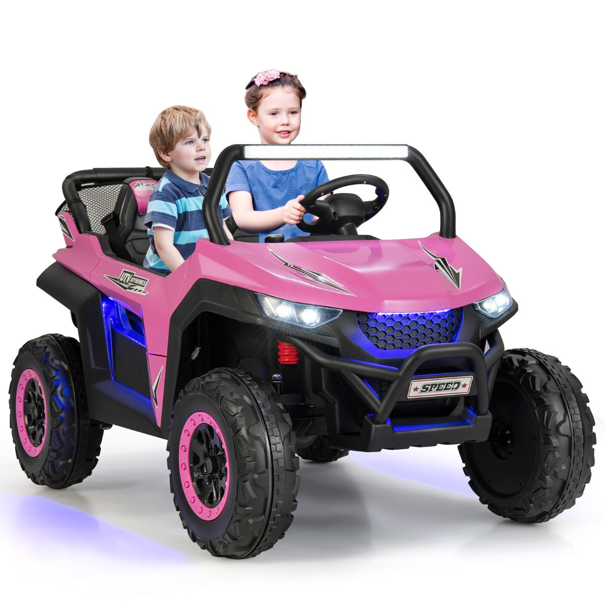 LIVSK Elektrische Kinderauto met Afstandsbediening - 2-Zits UTV met Koplampen - Veiligheidsgordels - Tot 59 kg - Roze