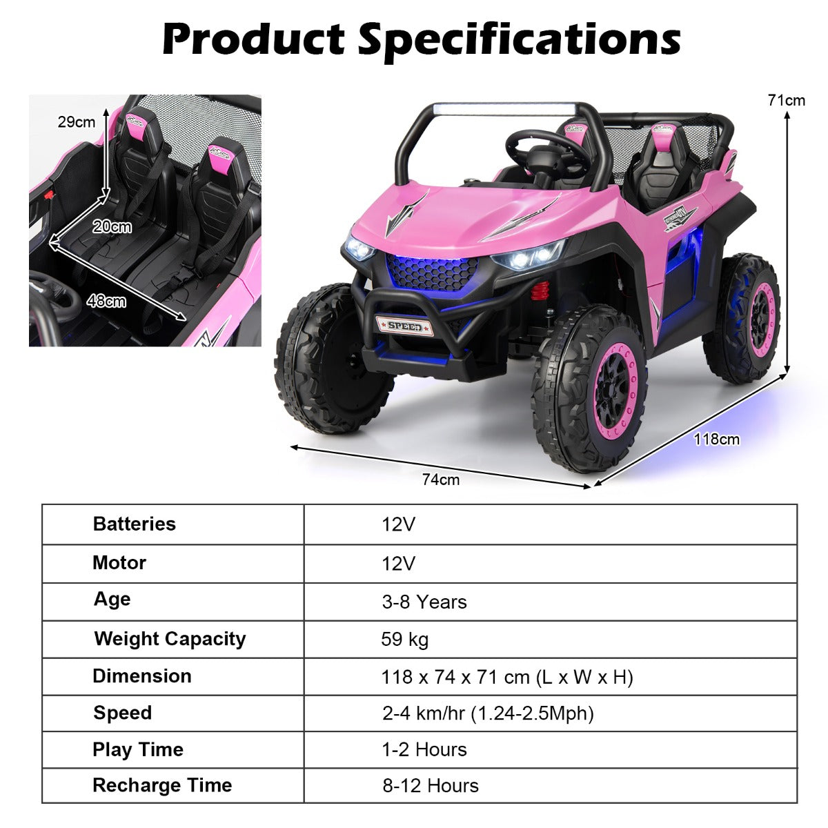 LIVSK Elektrische Kinderauto met Afstandsbediening - 2-Zits UTV met Koplampen - Veiligheidsgordels - Tot 59 kg - Roze