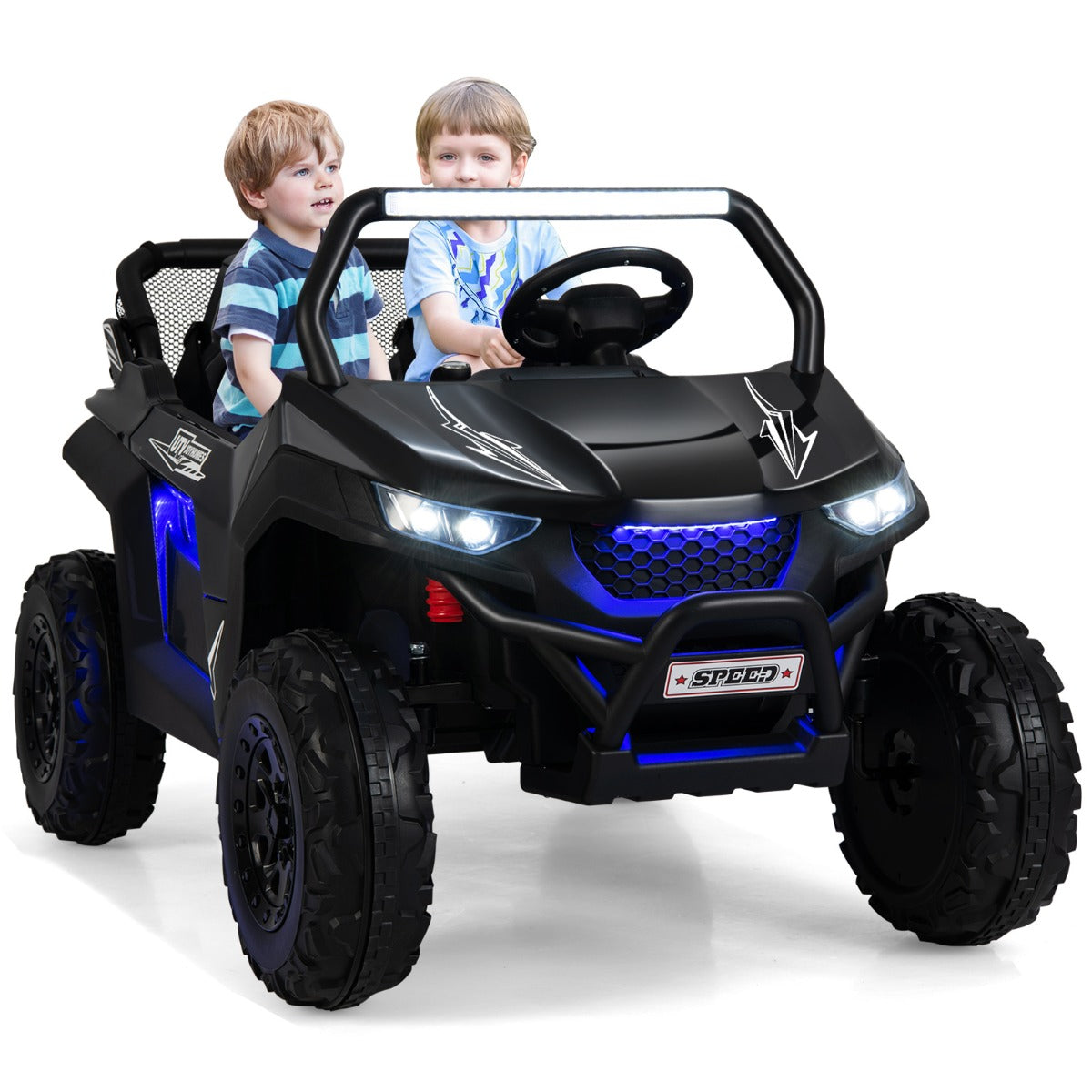 LIVSK Elektrische Kinderauto met Afstandsbediening - 2 Zits - Veiligheidsgordels - Koplampen - Tot 59 kg - Zwart