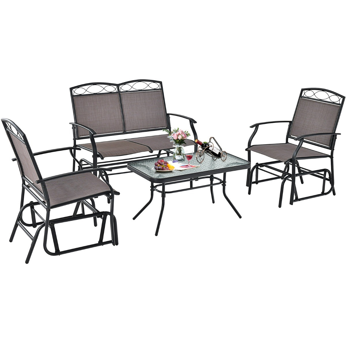 LIVSK 2-delige tuinmeubelset - Schommelbank voor 2 personen - Salontafel van gehard glas - Robuust metaal - Bruin + Zwart