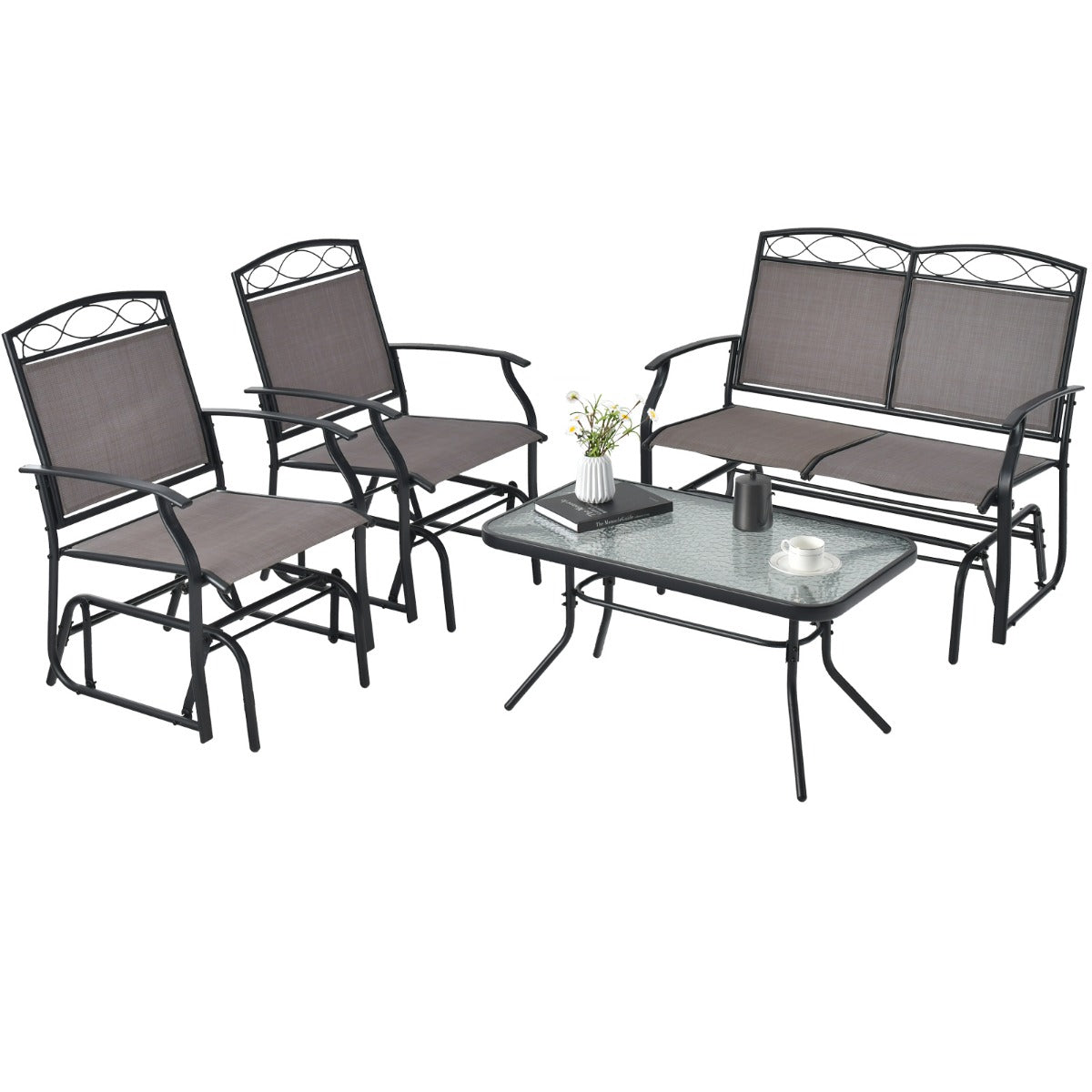 LIVSK 2-delige tuinmeubelset - Schommelbank voor 2 personen - Salontafel van gehard glas - Robuust metaal - Bruin + Zwart