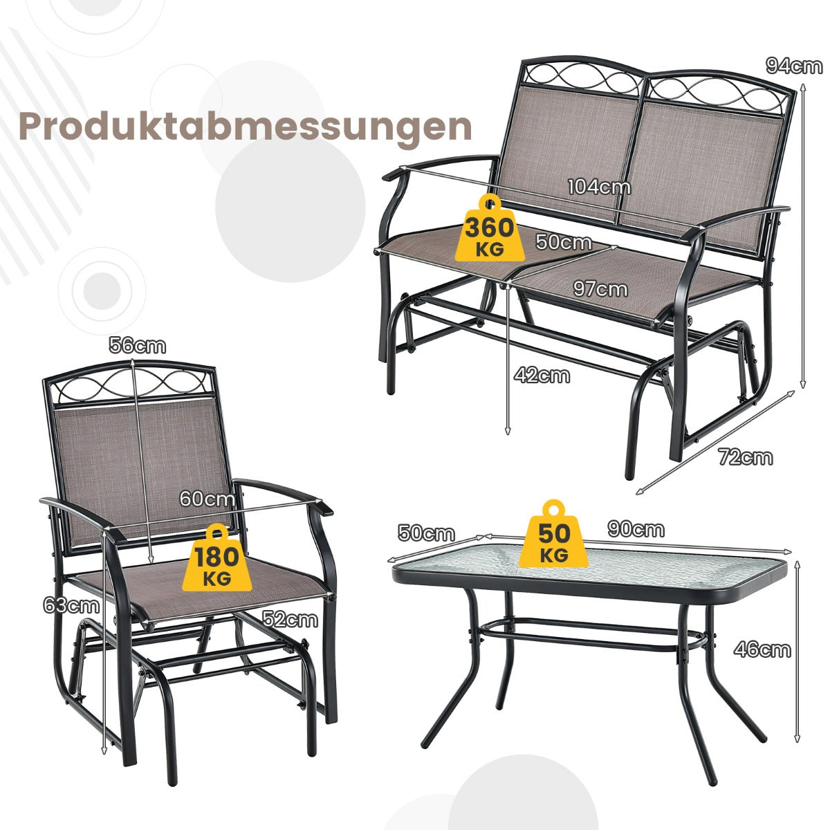 LIVSK 2-delige tuinmeubelset - Schommelbank voor 2 personen - Salontafel van gehard glas - Robuust metaal - Bruin + Zwart