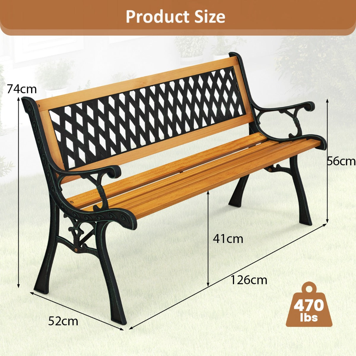 LIVSK Weerbestendige Tuinbank - Gietijzer en Hout - Draagkracht 210 kg - Ruime Zitting 126 x 52 x 74 cm - Zwart + Natuurlijk