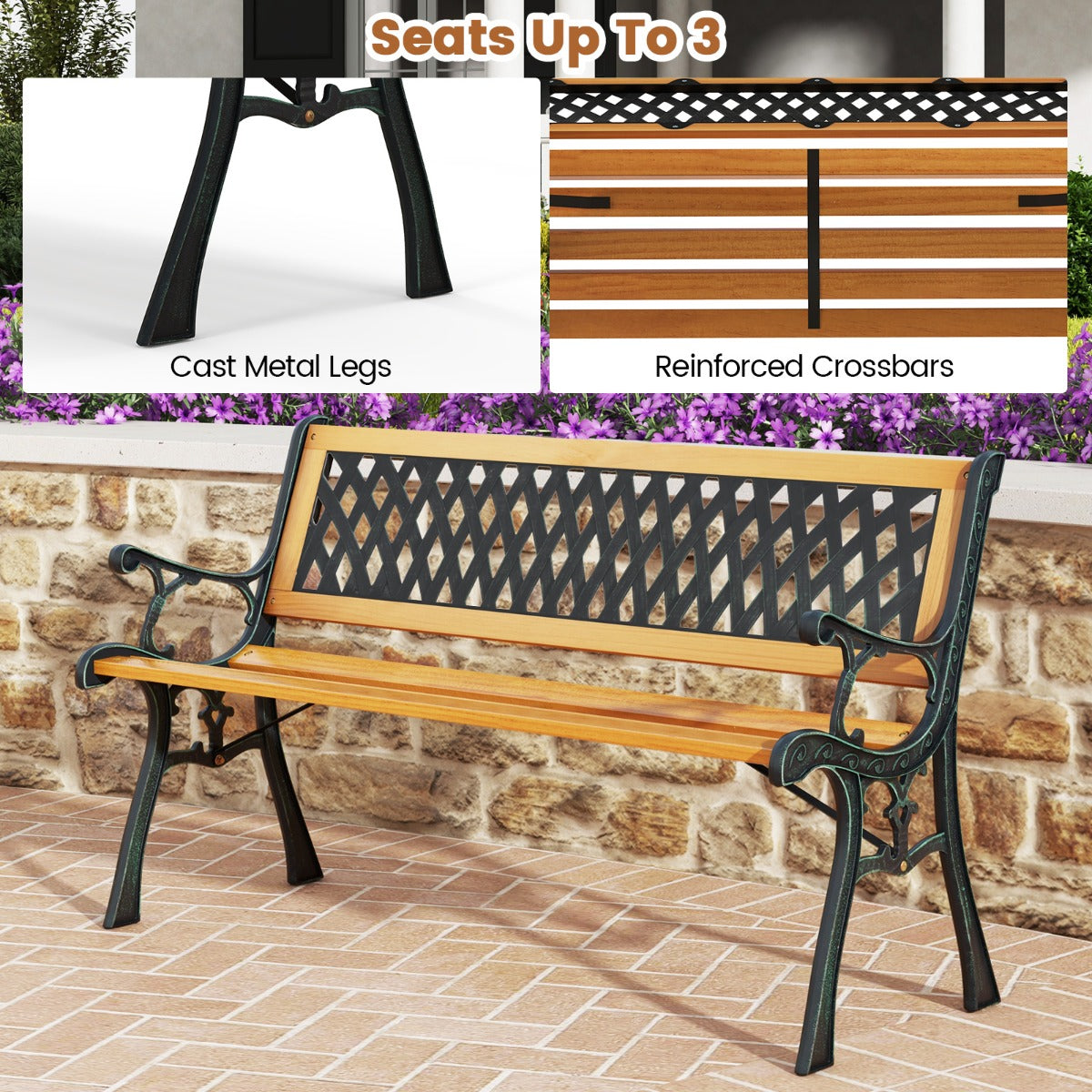 LIVSK Weerbestendige Tuinbank - Gietijzer en Hout - Draagkracht 210 kg - Ruime Zitting 126 x 52 x 74 cm - Zwart + Natuurlijk