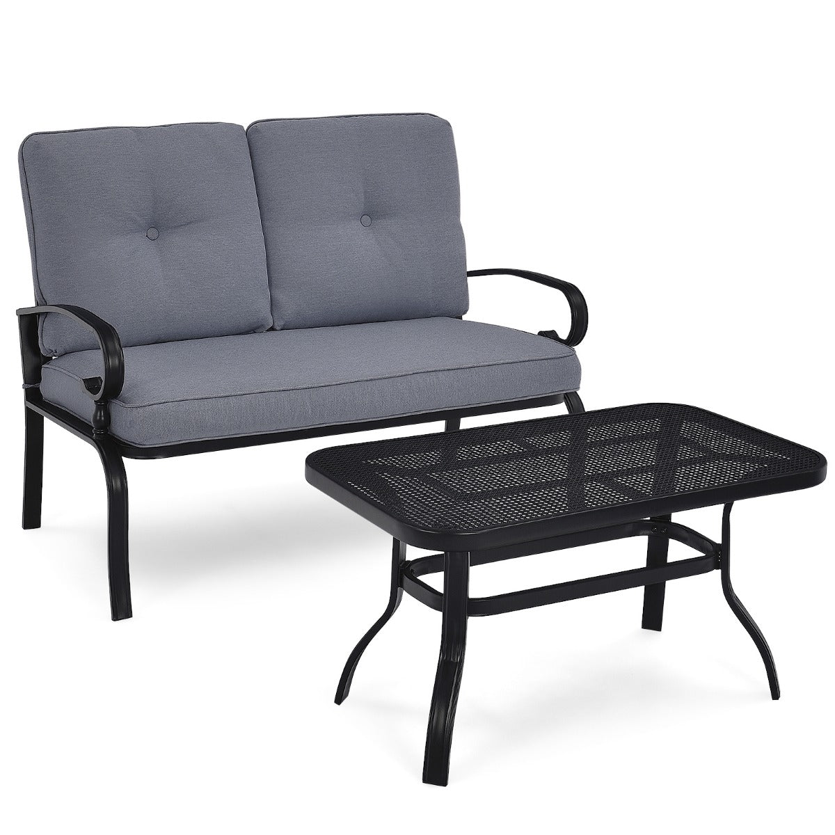 LIVSK outdoor tuinbankset met salontafel - Comfortabel voor twee - Duurzaam met metalen frame - Ergonomische kussens - Grijs