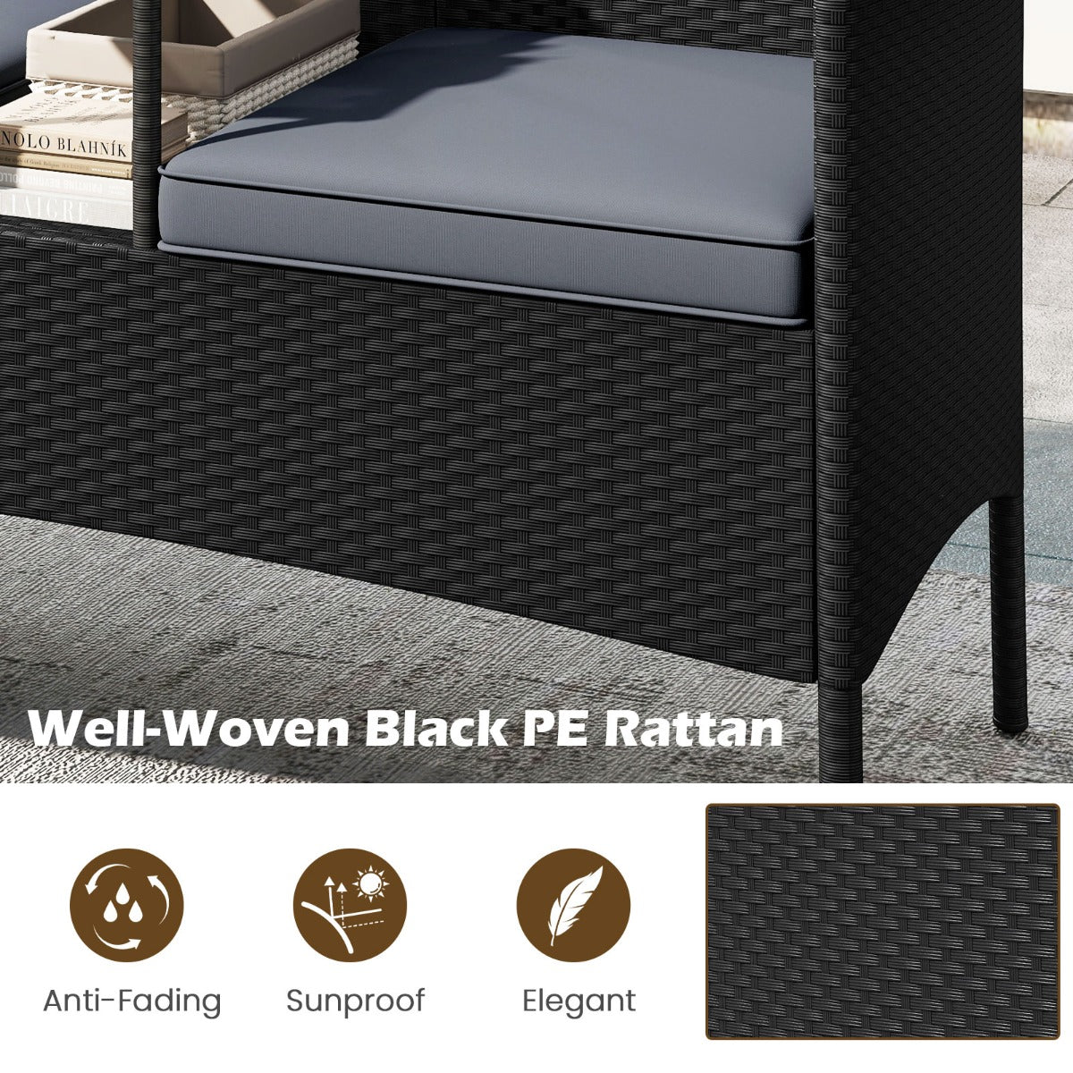 LIVSK Terrasbank met Geïntegreerde Tafel - Handgeweven PE Rotan - Gehard Glas - Comfortabele Kussens - Stabiel Metaal - Zwart