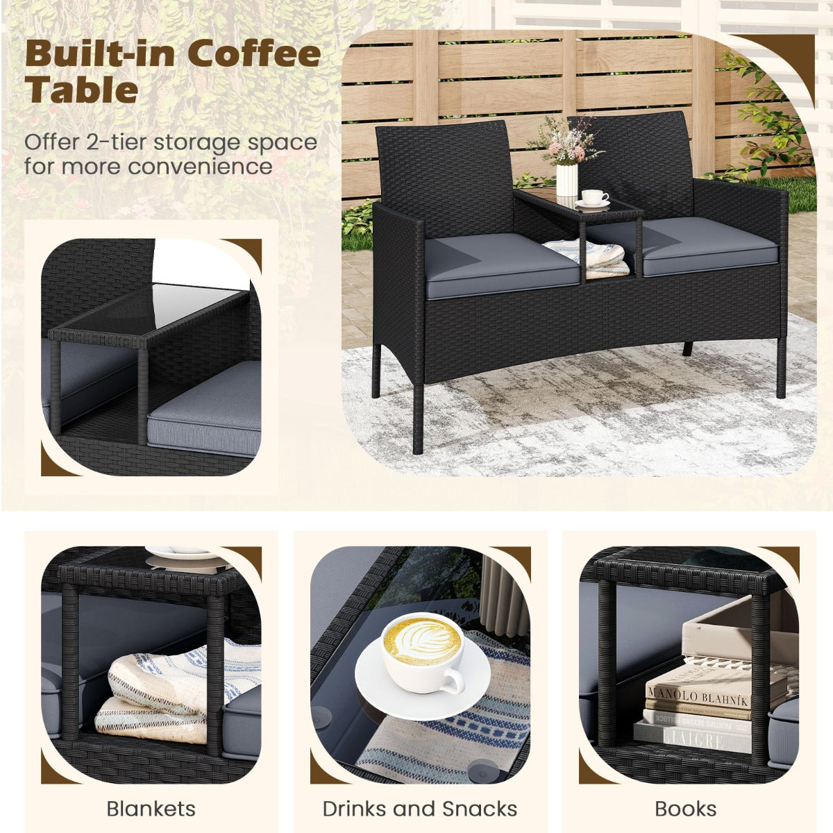 LIVSK Terrasbank met Geïntegreerde Tafel - Handgeweven PE Rotan - Gehard Glas - Comfortabele Kussens - Stabiel Metaal - Zwart