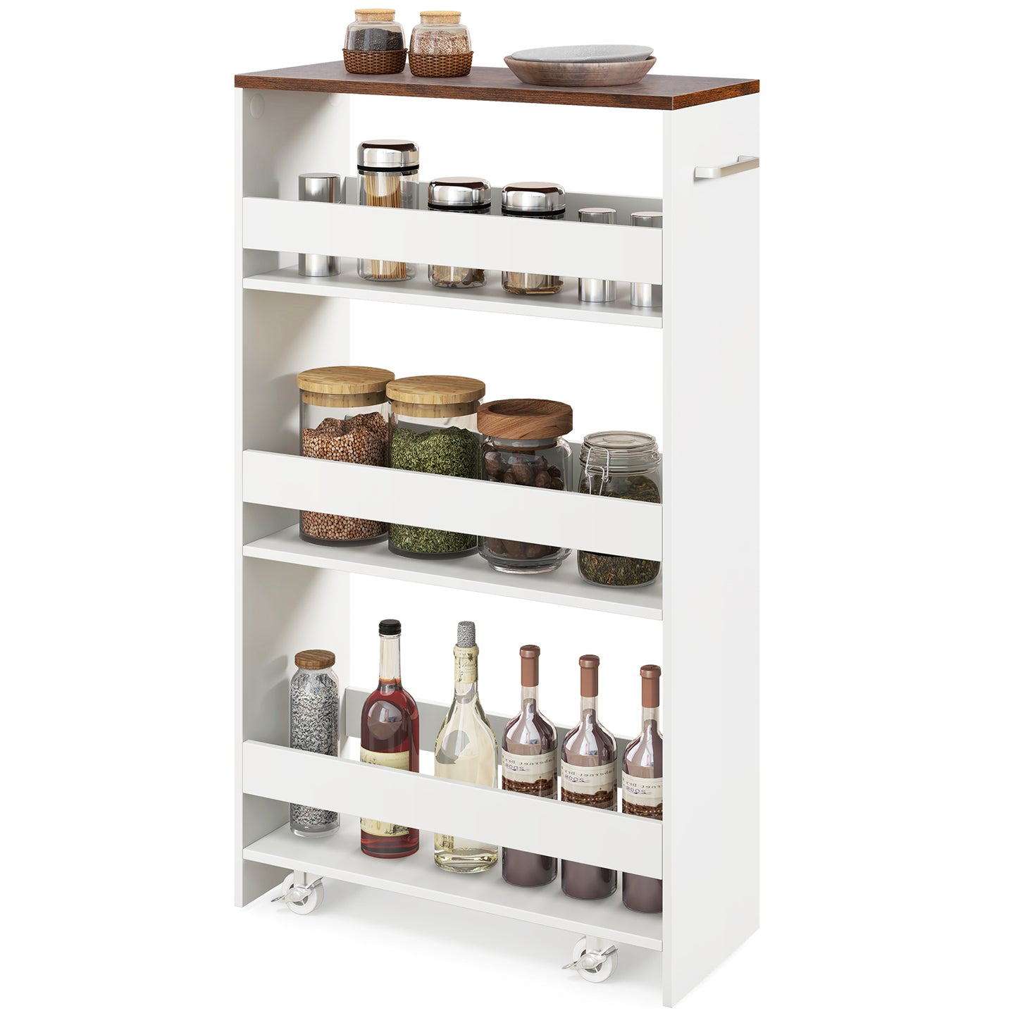 LIVSK Opbergtrolley op Wielen - 4 Planken met Beschermnetten - 360° Draaiend - Vergrendelbare Wielen - 47,5 x 20 x 80,5 cm - Wit