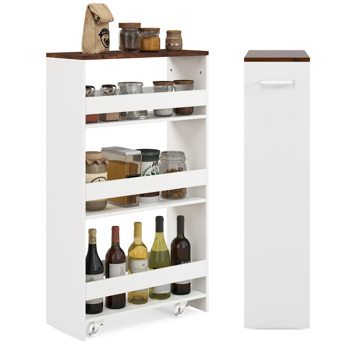 LIVSK Opbergtrolley op Wielen - 4 Planken met Beschermnetten - 360° Draaiend - Vergrendelbare Wielen - 47,5 x 20 x 80,5 cm - Wit