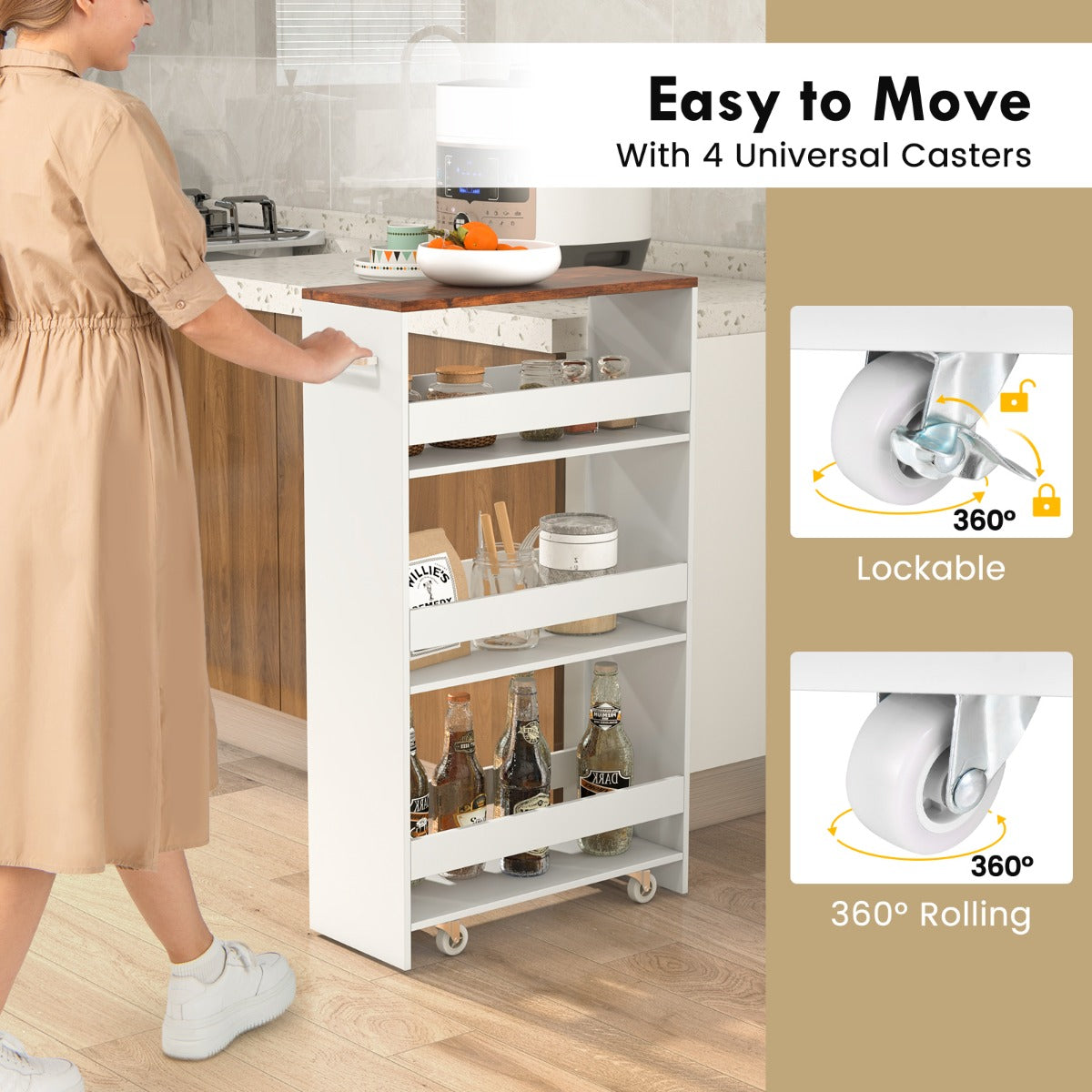 LIVSK Opbergtrolley op Wielen - 4 Planken met Beschermnetten - 360° Draaiend - Vergrendelbare Wielen - 47,5 x 20 x 80,5 cm - Wit