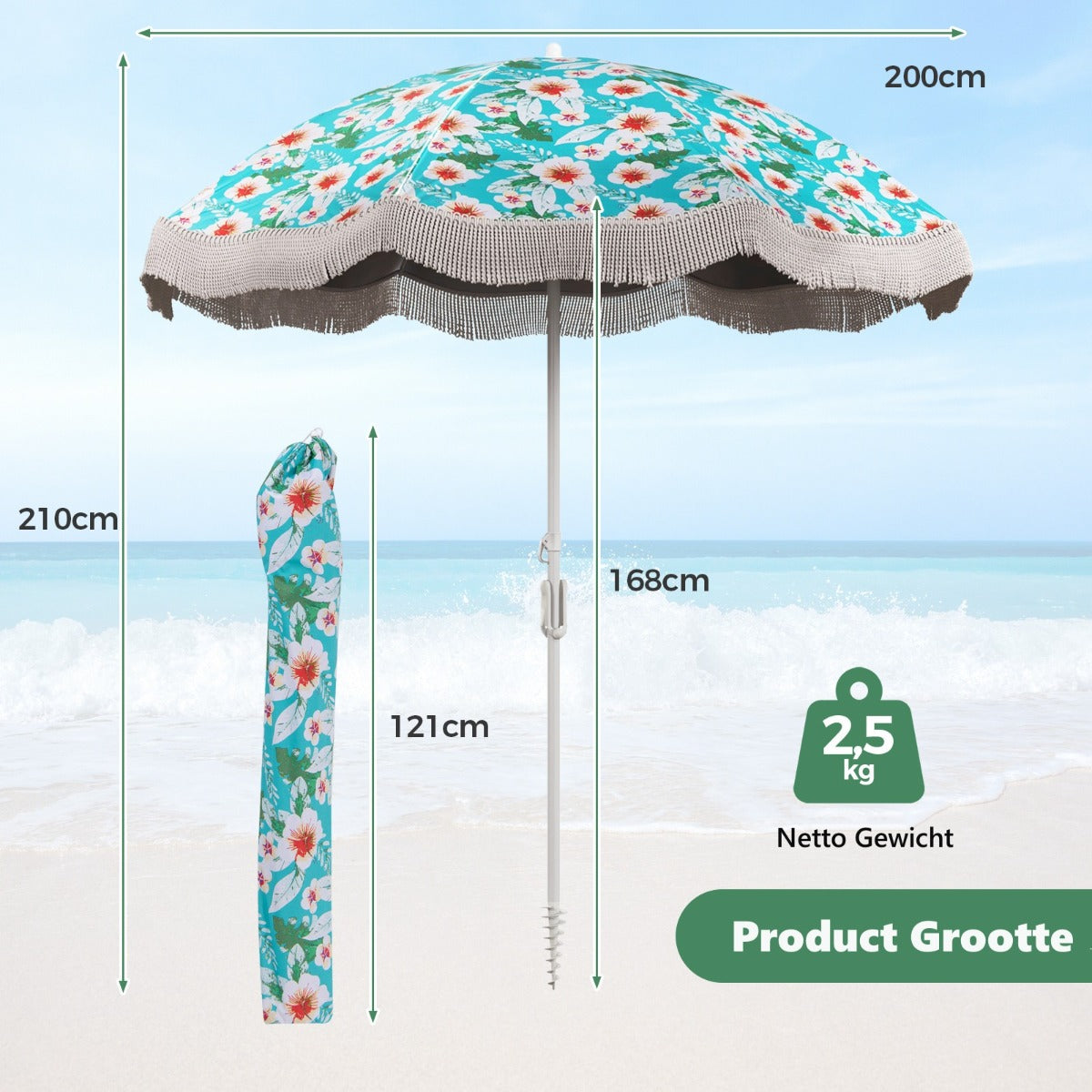 LIVSK Vintage Parasol met Kwastjes - Waterafstotend en Zonwerend - Verstelbaar Kantelsysteem - Inclusief Draagtas - 200 x 200 x