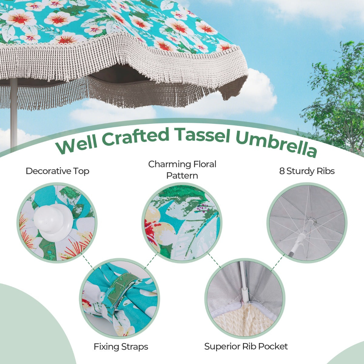LIVSK Vintage Parasol met Kwastjes - Waterafstotend en Zonwerend - Verstelbaar Kantelsysteem - Inclusief Draagtas - 200 x 200 x