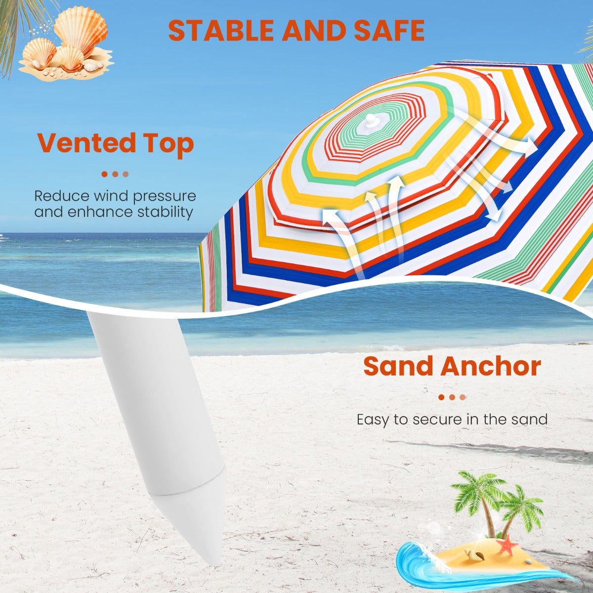 LIVSK Draagbare Strandparasol 200 cm - Polyester met Zilveren Coating - Kantelmechanisme - Draagtas - Zandanker - Multicolor