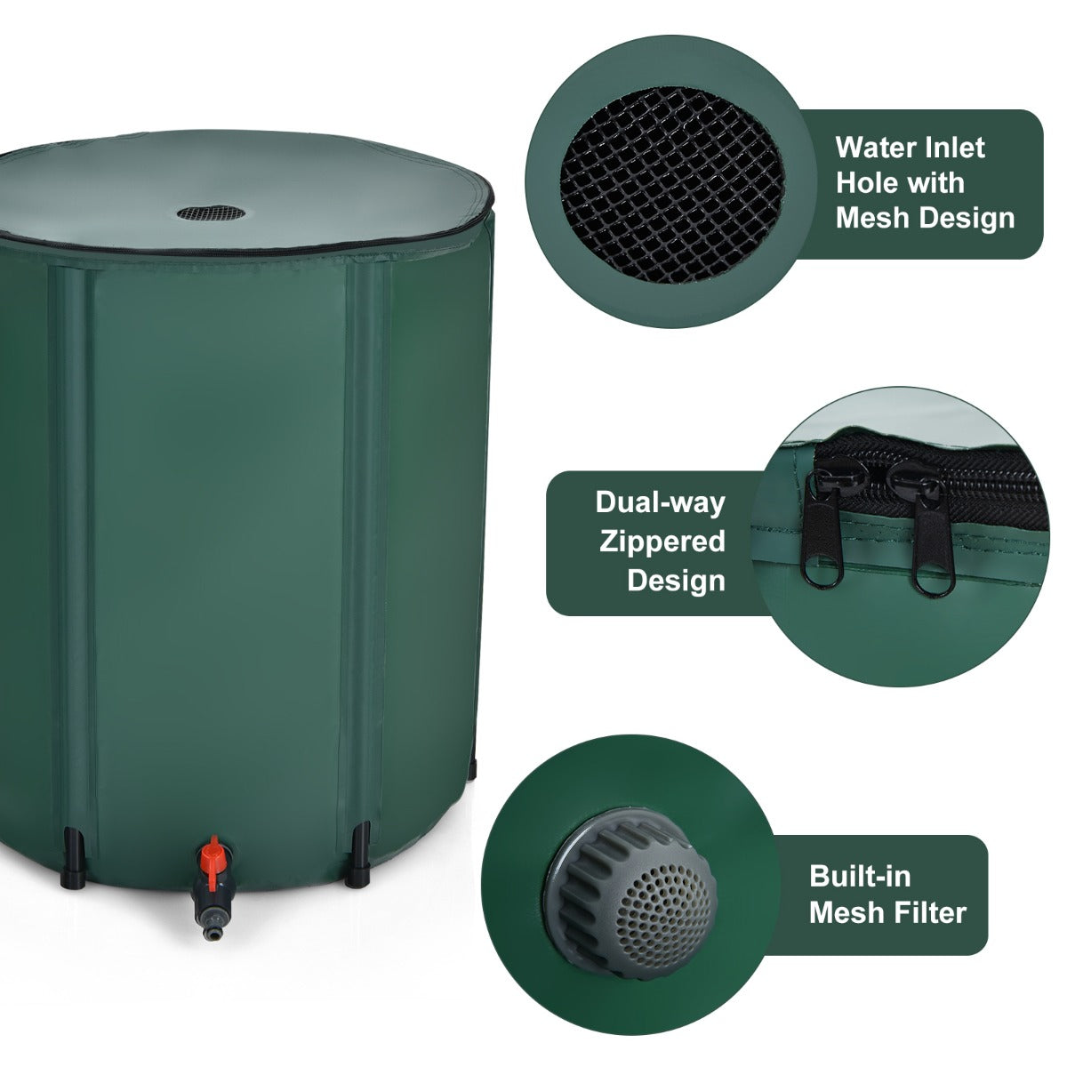 LIVSK Regenwatertank 200 L - Opvouwbaar PVC Frame - Aftapkraan - Filtergaas - Weerbestendig - Groen