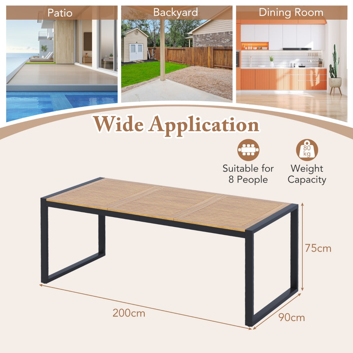 LIVSK Eettafel van Acaciahout voor 8 Personen - Stabiel Metaal met Verstelbare Voetkussens - Parasolgat - 200 x 90 x 75 cm -