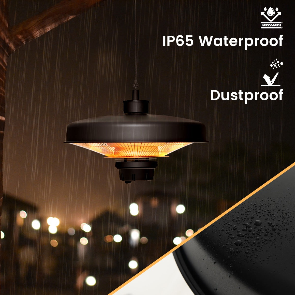 LIVSK Hangende Terrasverwarmer - 2000W Infrarood - Afstandsbediening - IP65 Waterdicht - Verstelbare Hoogte - Zwart