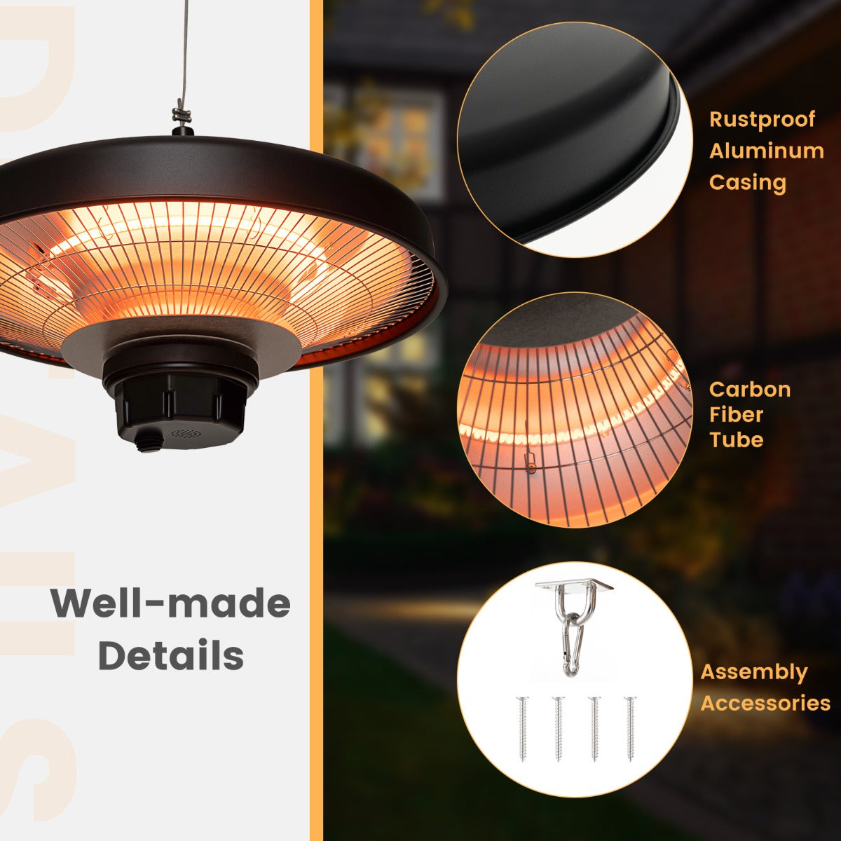 LIVSK Hangende Terrasverwarmer - 2000W Infrarood - Afstandsbediening - IP65 Waterdicht - Verstelbare Hoogte - Zwart