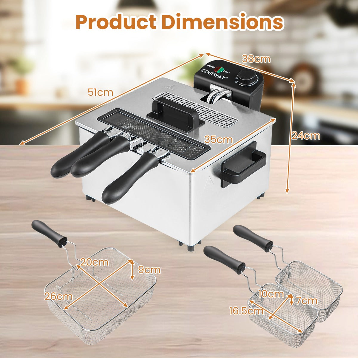 LIVSK Elektrische Frituurpan - 2000W Snelverwarming - 5 Liter Capaciteit - Inclusief 3 Manden - Vaatwasmachinebestendig - Zilver