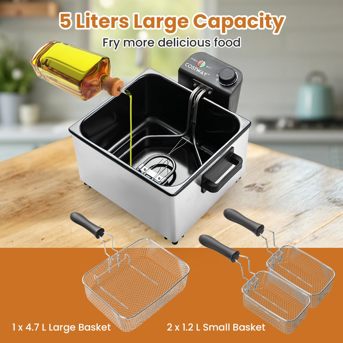 LIVSK Elektrische Frituurpan - 2000W Snelverwarming - 5 Liter Capaciteit - Inclusief 3 Manden - Vaatwasmachinebestendig - Zilver
