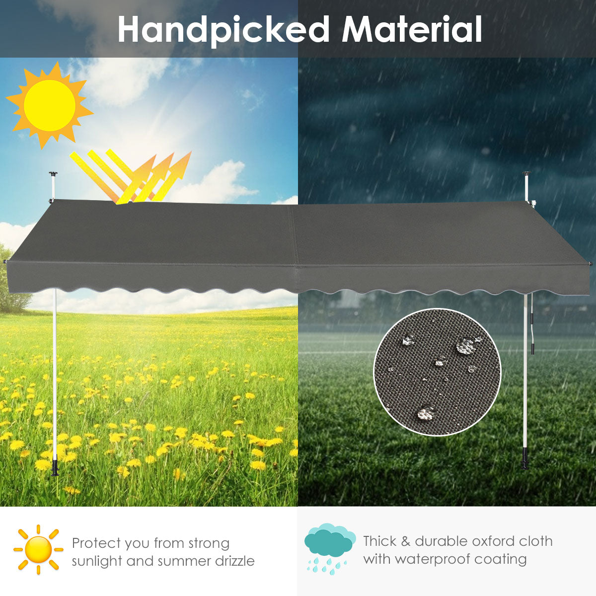 LIVSK Oprolbare Luifel - Verstelbaar Aluminium Frame - Weerbestendig Oxford Doek - Hoogte 200-300 cm - Grijs