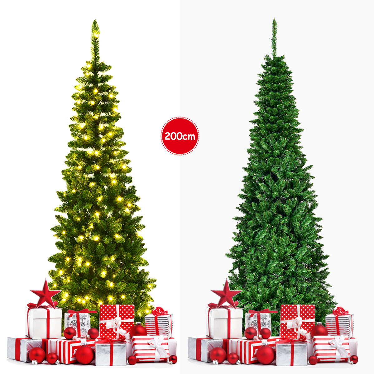 LIVSK Voorverlichte Potlood Kerstboom - 200 cm - 250 Warm Witte LED-lampjes - 708 Takken - Ruimtebesparend - Groen
