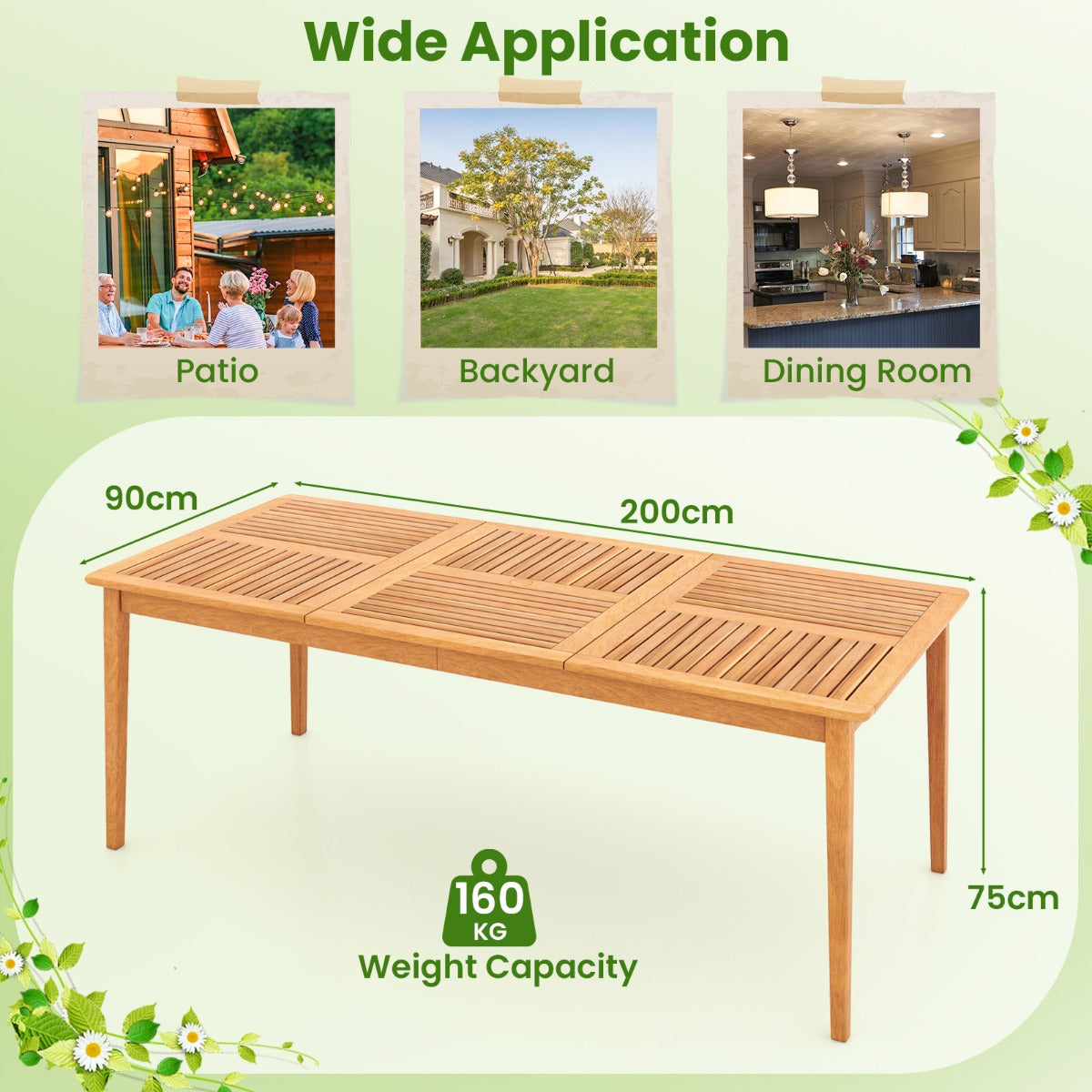 LIVSK Outdoor Eettafel voor 8 Personen - Rechthoekig Acaciahout - Paraplugat - Natuurlijke Afwerking - 200 x 90 x 75 cm -