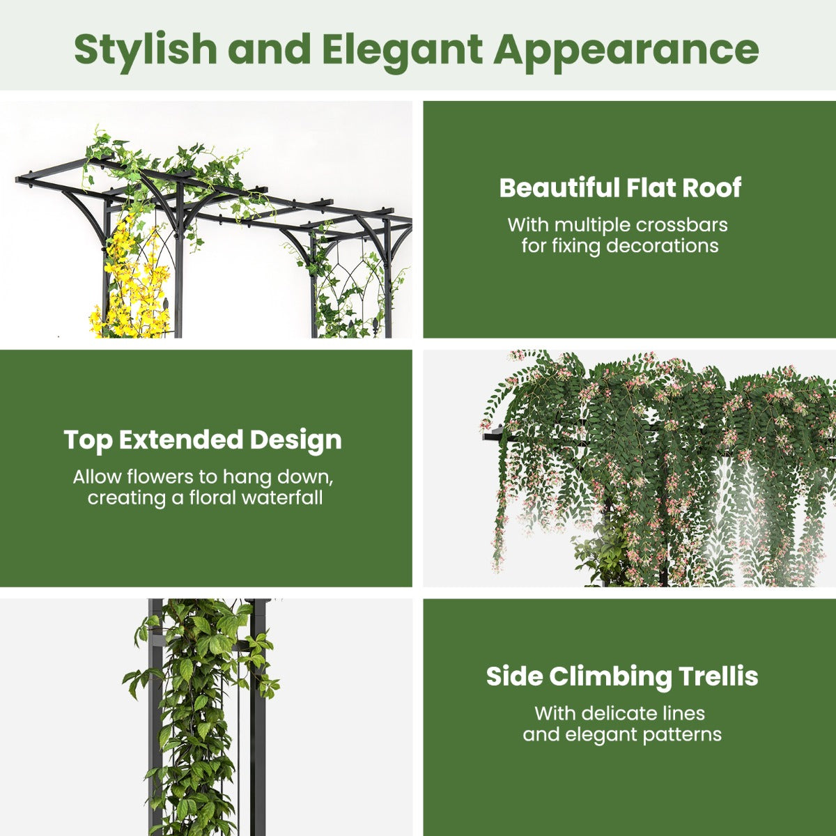 Livsk costway 206 cm tuinboog decoratieve metalen tuinboog met hekwerk terrasboog voor buiten voor tuin terras decoratie huwelijksceremonie 3