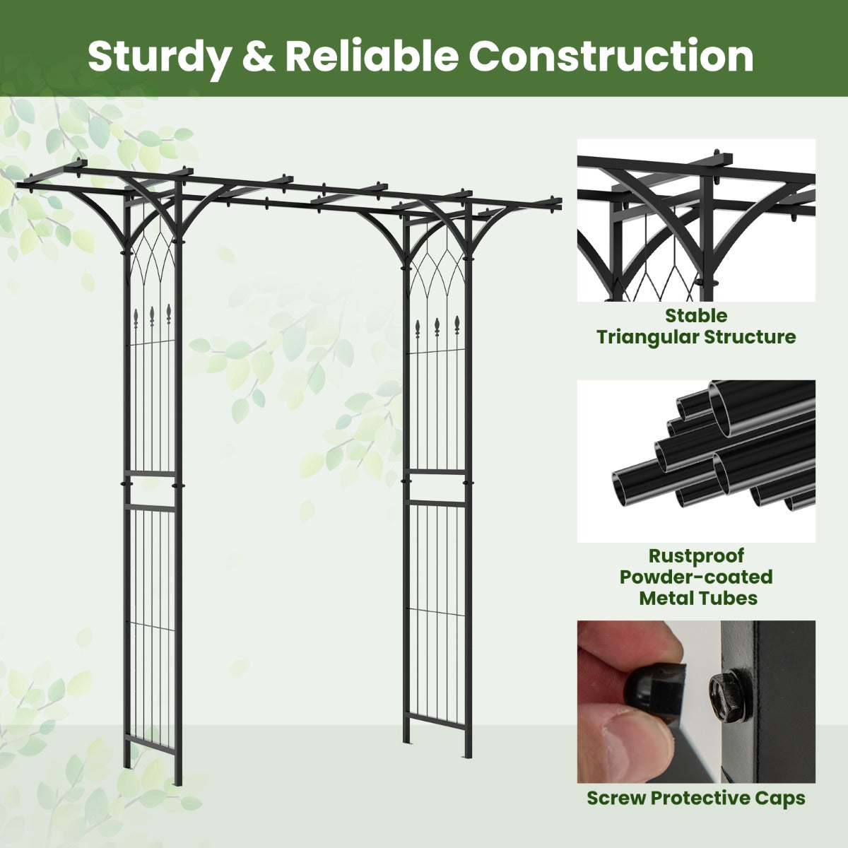 Livsk costway 206 cm tuinboog decoratieve metalen tuinboog met hekwerk terrasboog voor buiten voor tuin terras decoratie huwelijksceremonie 4