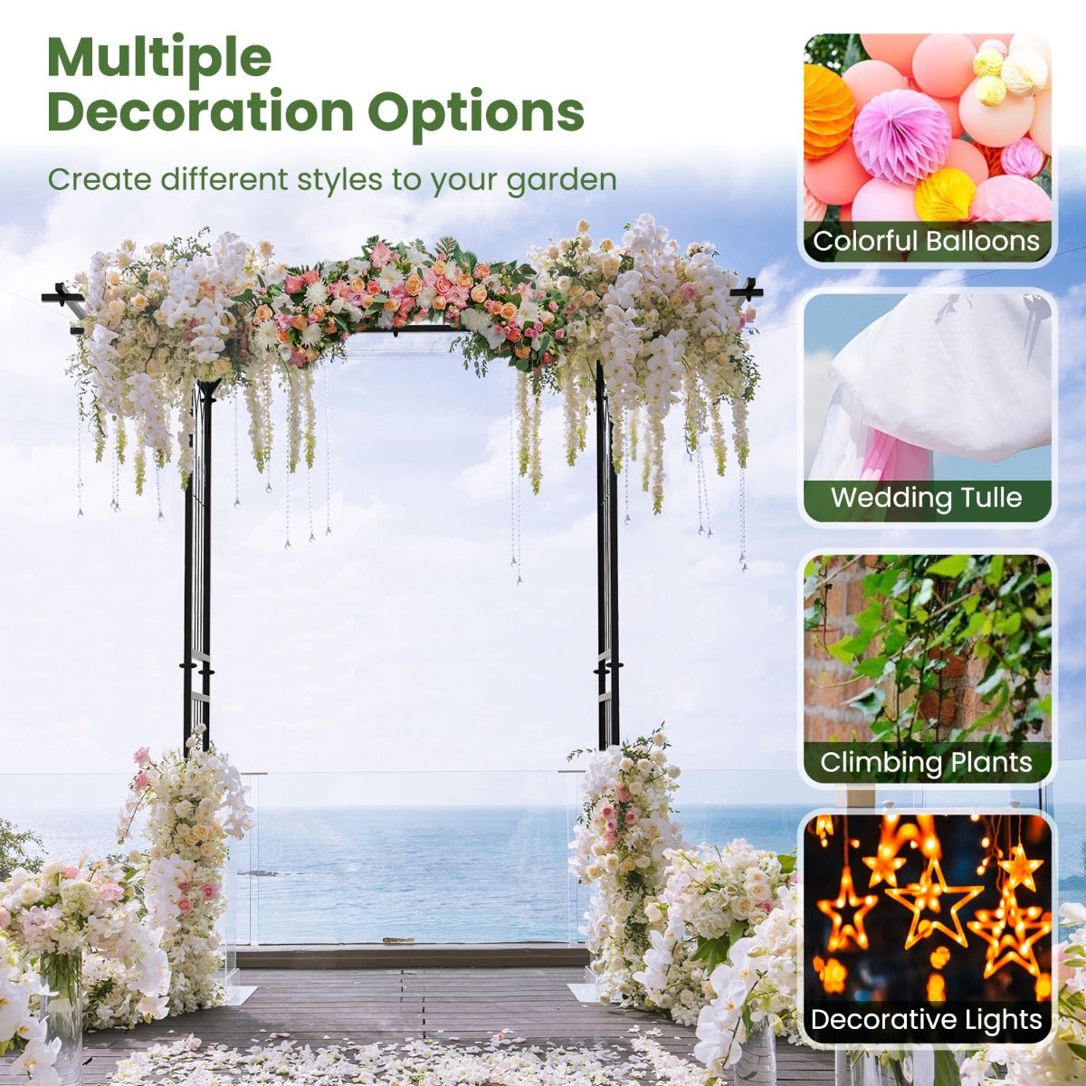 Livsk costway 206 cm tuinboog decoratieve metalen tuinboog met hekwerk terrasboog voor buiten voor tuin terras decoratie huwelijksceremonie 6