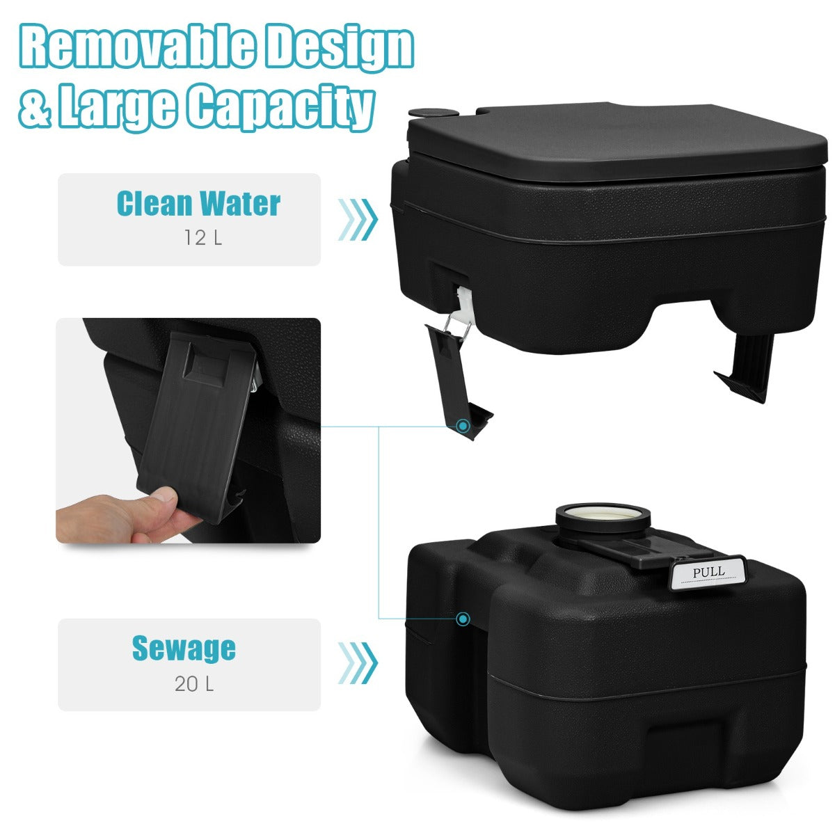 Livsk costway 20l 12l draagbaar kampeertoilet met afneembare afvalreservoir zwart 5