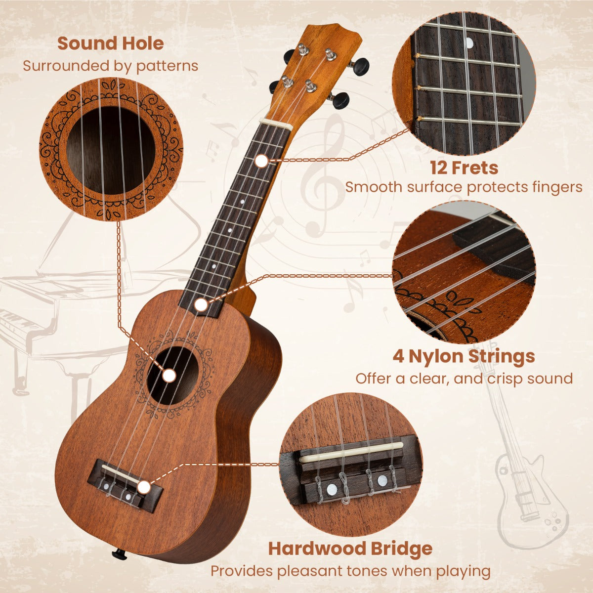 Livsk costway 21 inch ukelele mahoniehouten ukeleleset met draagtas plectrum verstelbare riem en extra nylon snaren 2