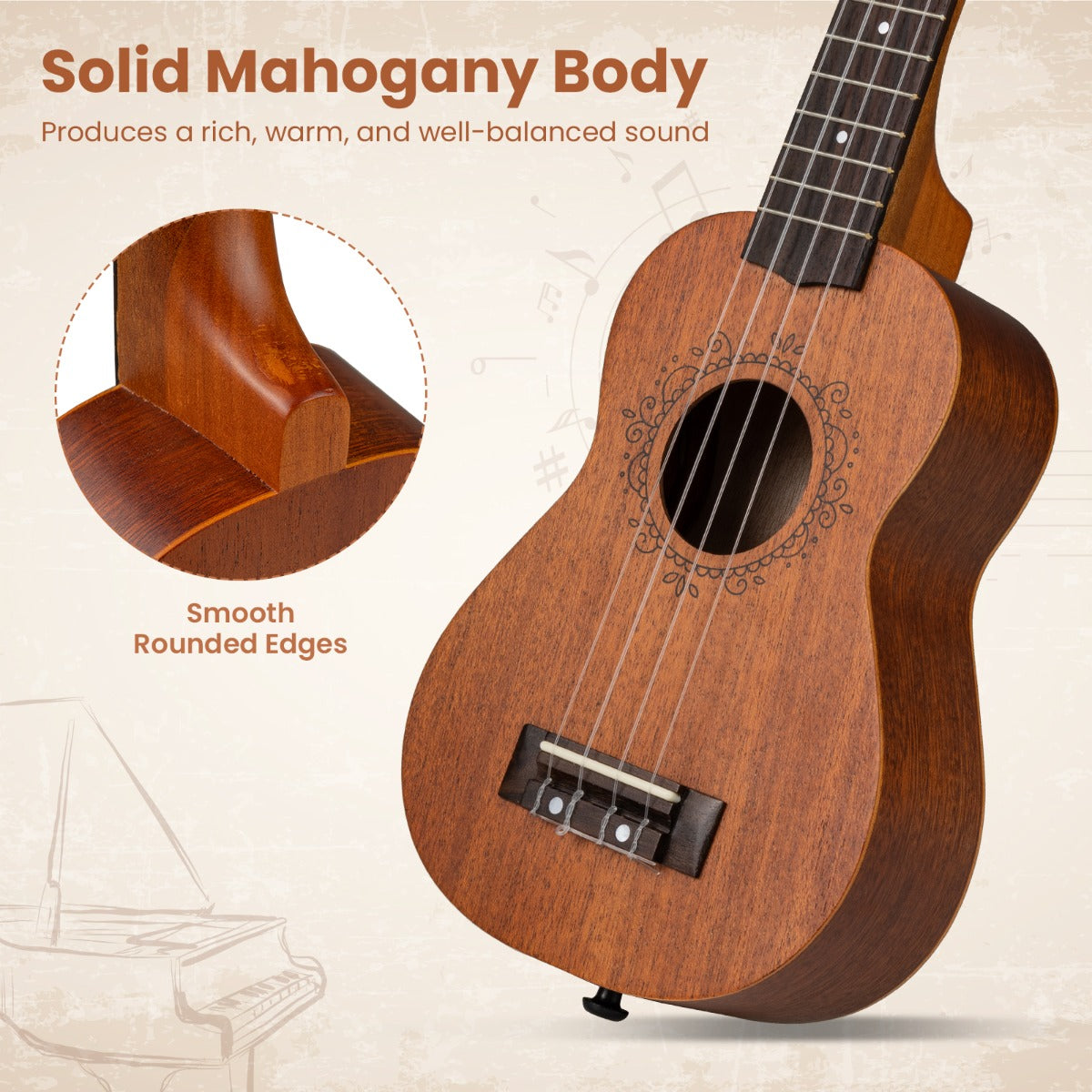 Livsk costway 21 inch ukelele mahoniehouten ukeleleset met draagtas plectrum verstelbare riem en extra nylon snaren 4