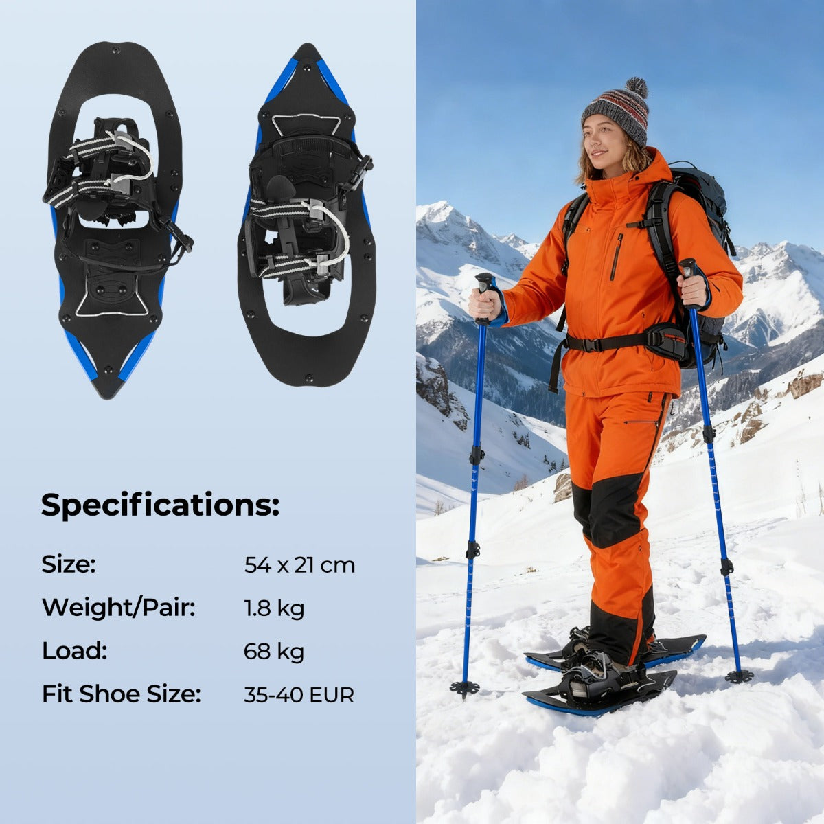Livsk costway 21 sneeuwschoenen met wandelstokken lichte sneeuwschoenset van aluminium met draaistang draagtas blauw 2