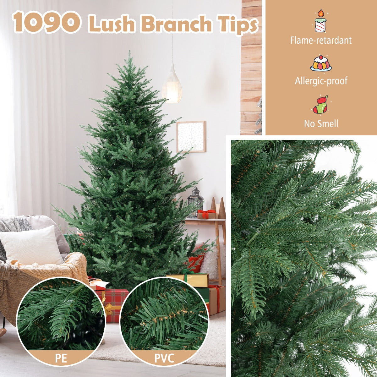 Livsk costway 210 cm kerstboom kunstmatige kerstboom met 830 pvc takken opvouwbare decoratieboom 4