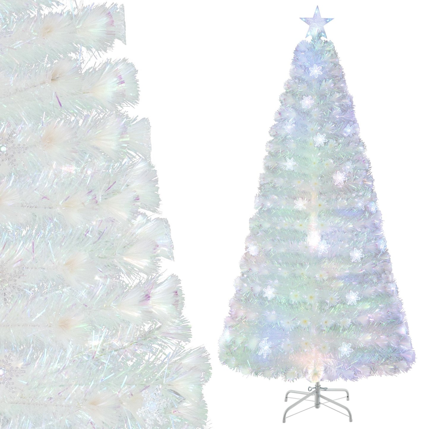 LIVSK Glasvezel Kunstkerstboom 210 cm - 220 Takpunten - Meer kleuren LED-sneeuwvlokken - Robuuste Standaard - Wit
