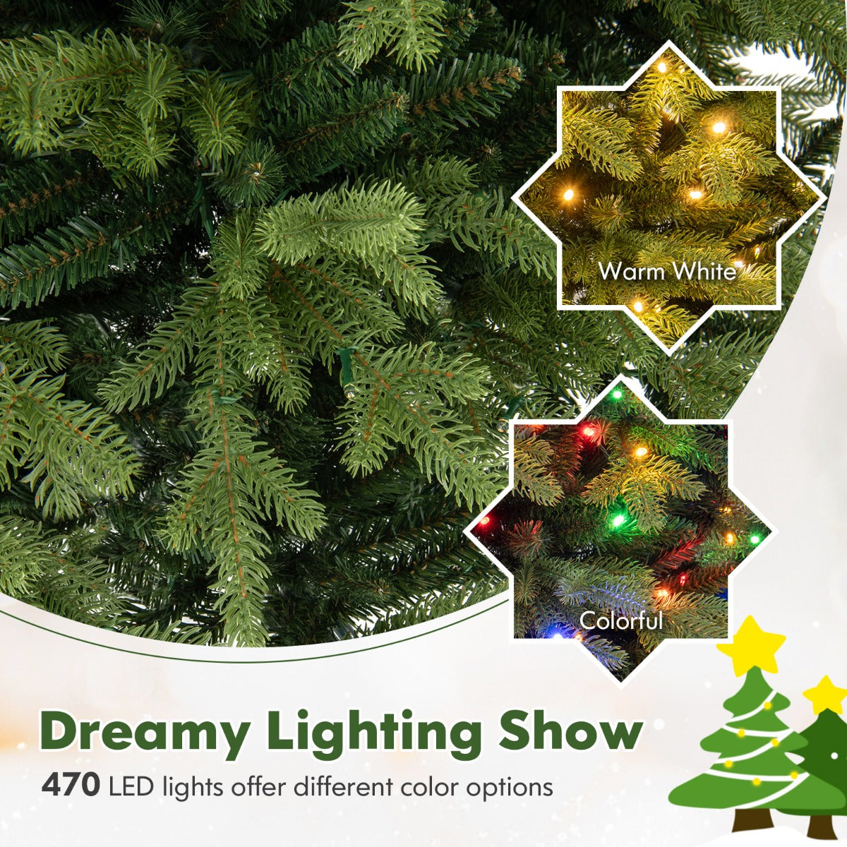 Livsk costway 210 cm kunstkerstboom met vooraf geinstalleerde verlichting met 164 644 boomtoppen en 470 led lampjes 3