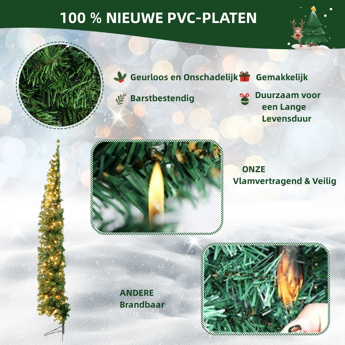 LIVSK Verlichte Halve Kerstboom - 150 LED-lampjes - 450 Takuiteinden - Ruimtebesparend - 60 x 210 cm - Groen