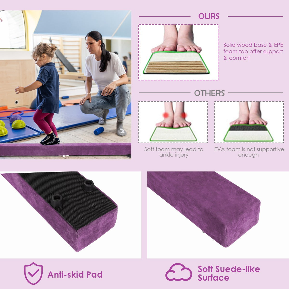 LIVSK Opvouwbare Evenwichtsbalk Gymnastiek - Schuimgepolsterd - Stevige Houten Basis - Antislip - Voor Beginners en Gevorderden -