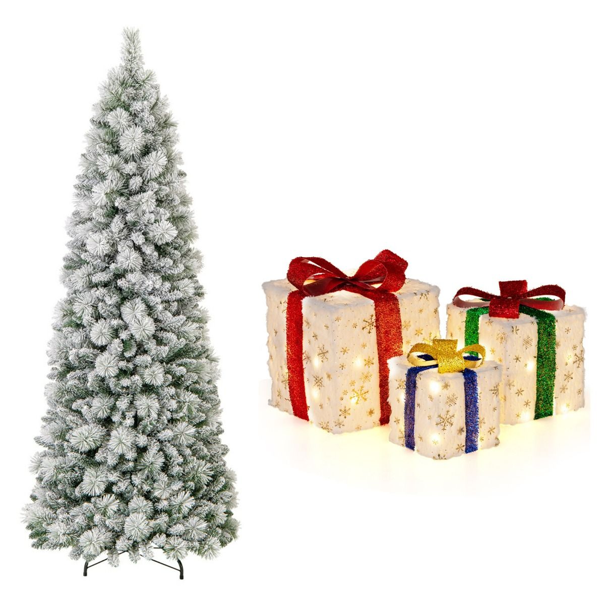Livsk costway 210 cm pop up kerstboom en set van 3 verlichte geschenkdozen kunstmatige decoratieve boom en voorverlichte kerstversiering
