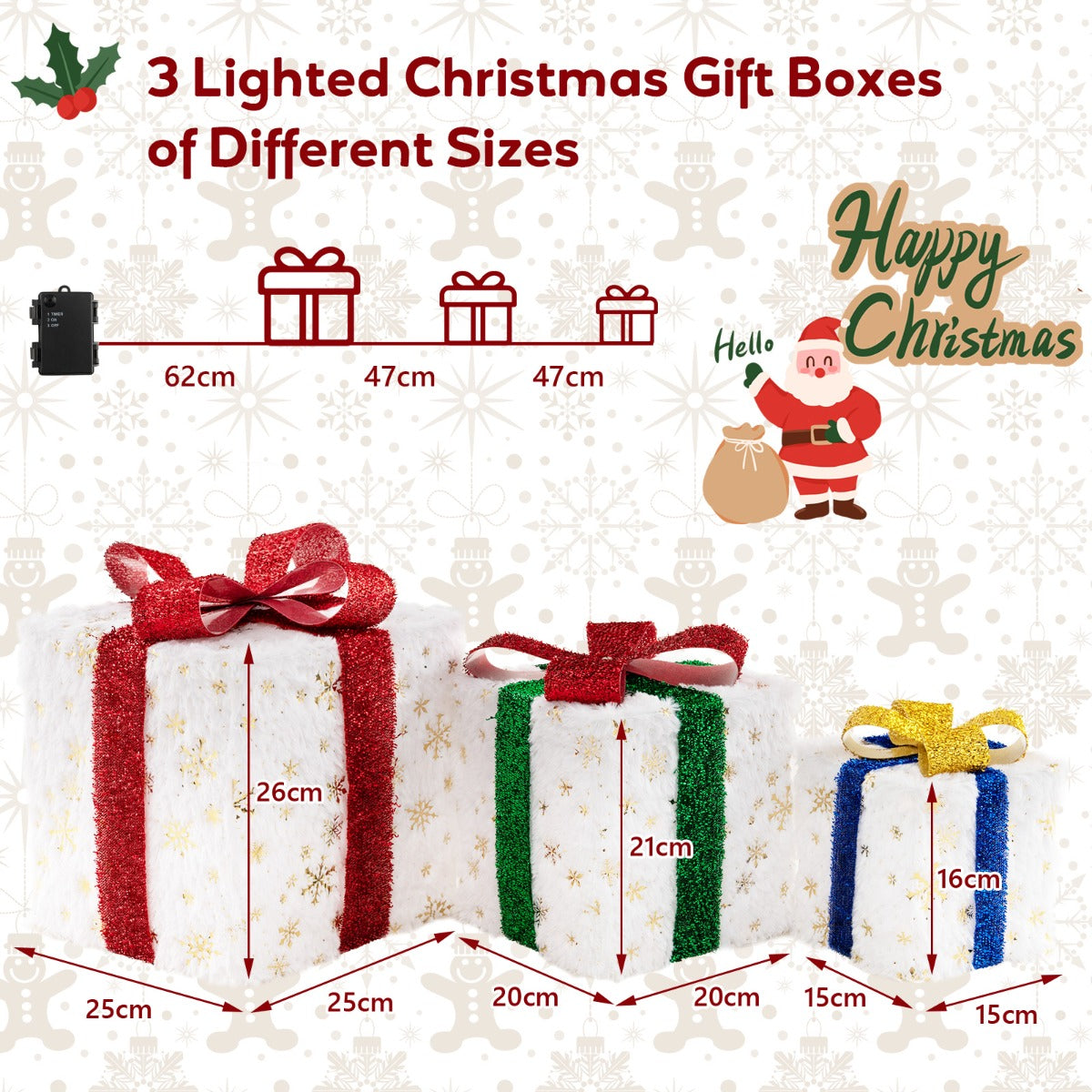Livsk costway 210 cm pop up kerstboom en set van 3 verlichte geschenkdozen kunstmatige decoratieve boom en voorverlichte kerstversiering 4