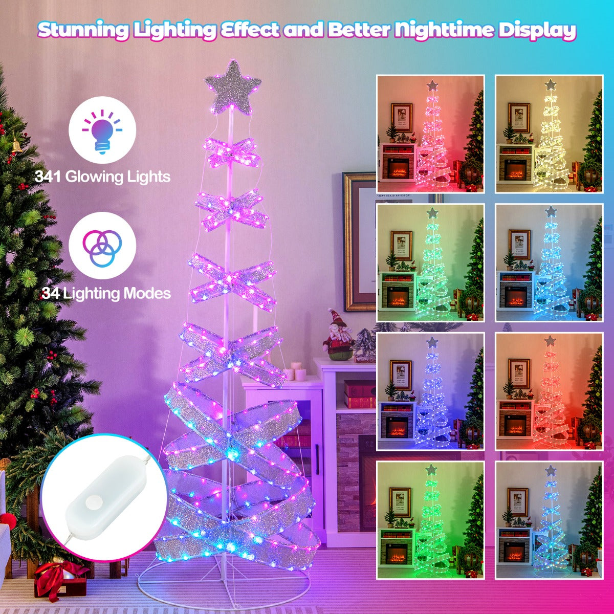 LIVSK Spiraalvormige Kerstboom - 341 Kleurveranderende LED's - 34 Verlichtingsmodi - Opvouwbaar - 70 x 70 x 210 cm - Wit