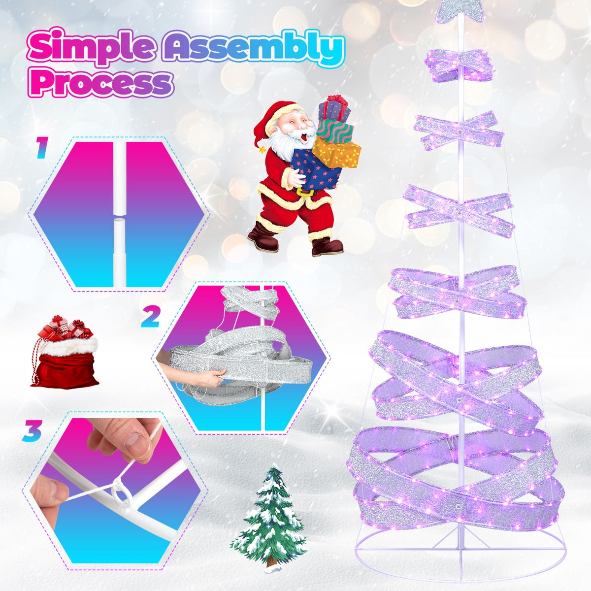 LIVSK Spiraalvormige Kerstboom - 341 Kleurveranderende LED's - 34 Verlichtingsmodi - Opvouwbaar - 70 x 70 x 210 cm - Wit