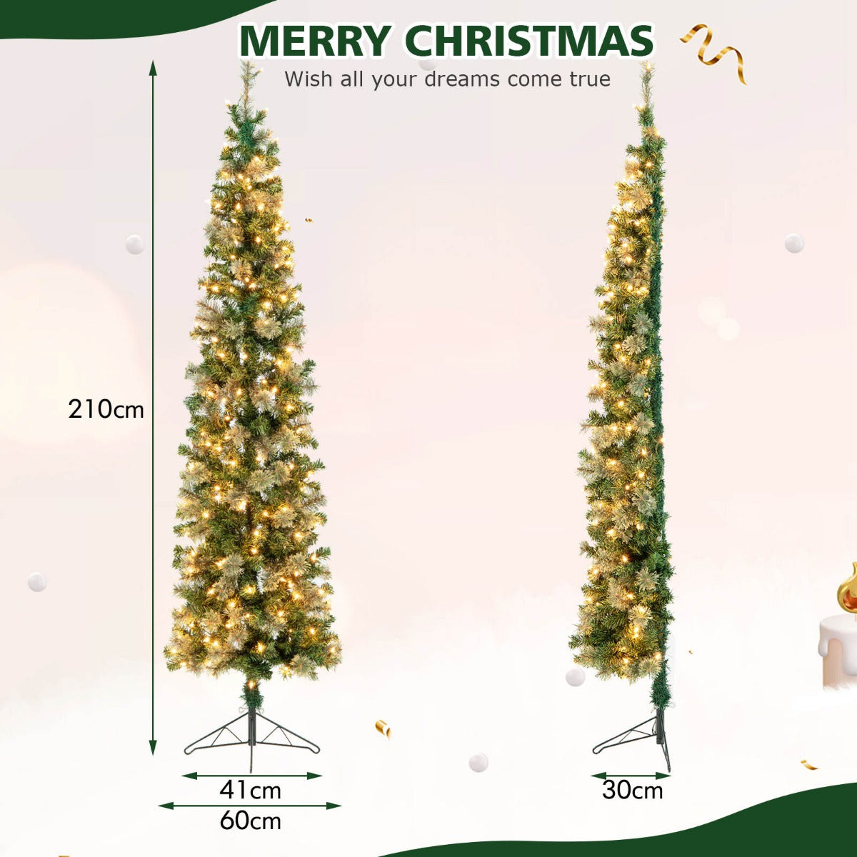 LIVSK Voorverlichte Halve Kunstkerstboom - 403 Takuiteinden - 150 Warmwitte LED-lampjes - Ruimtebesparend - 210 cm - Groen