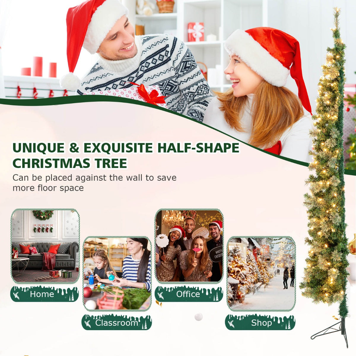 LIVSK Voorverlichte Halve Kunstkerstboom - 403 Takuiteinden - 150 Warmwitte LED-lampjes - Ruimtebesparend - 210 cm - Groen