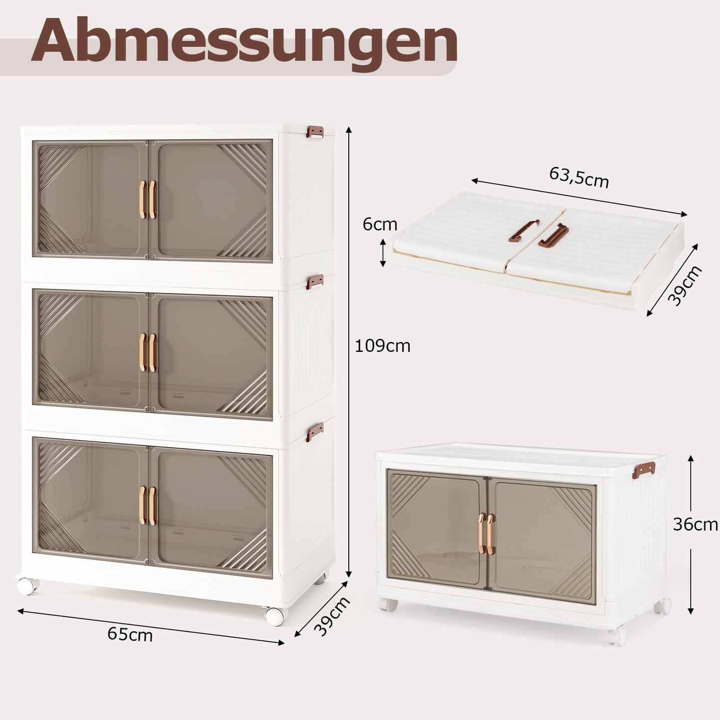 LIVSK Opbergcontainer - 213L - 3-Laags Stapelbaar met Wielen en Transparante Deuren - Ruimtebesparend - Wit + Bruin