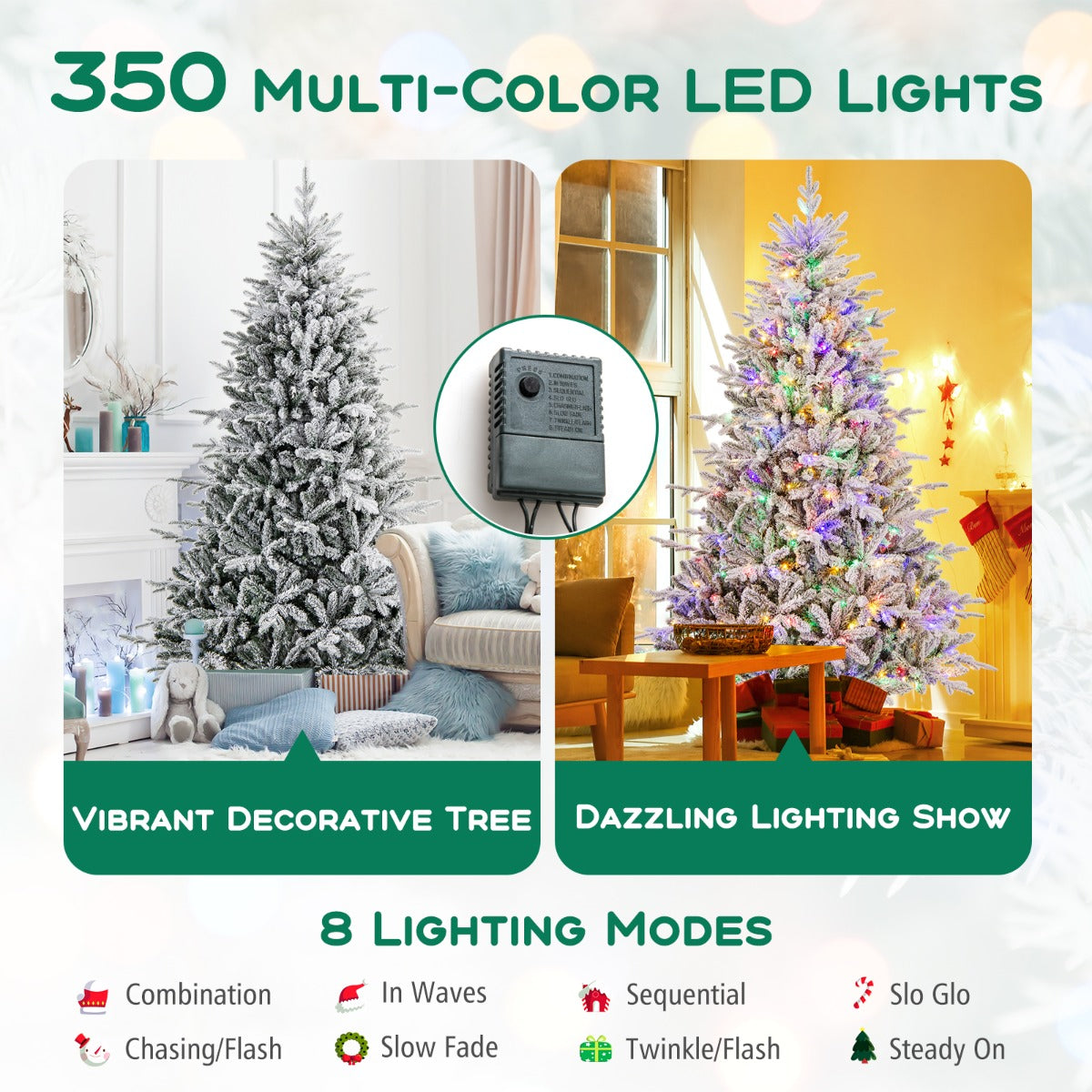 LIVSK Kunstkerstboom - 350 LED-lampen - 8 Verlichtingsmodi - 1164 Takpunten - Hoogte 218 cm - Groen & Wit