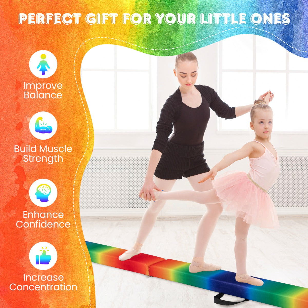 LIVSK Opvouwbare Evenwichtsbalk - Stevige Houten Kern - Antislip - Voor Beginners en Gevorderden - 210 cm - Kleurrijk
