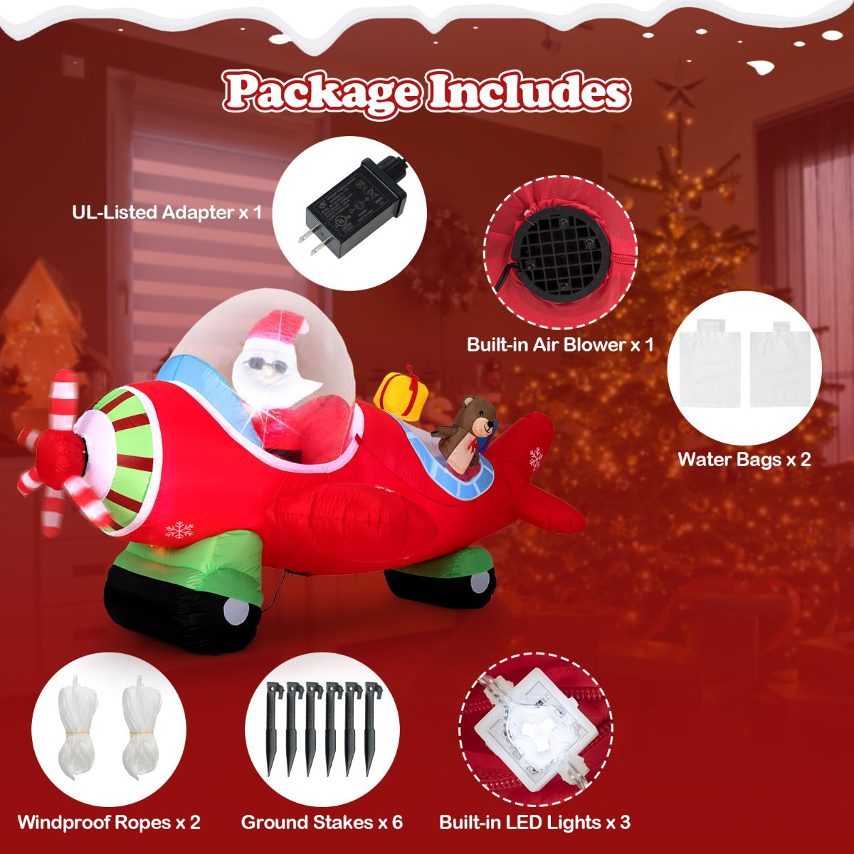 Livsk costway 22 m kerst opblaasbaar vliegtuig kerstman in het vliegtuig met cadeaudozen en ingebouwde led verlichting 3